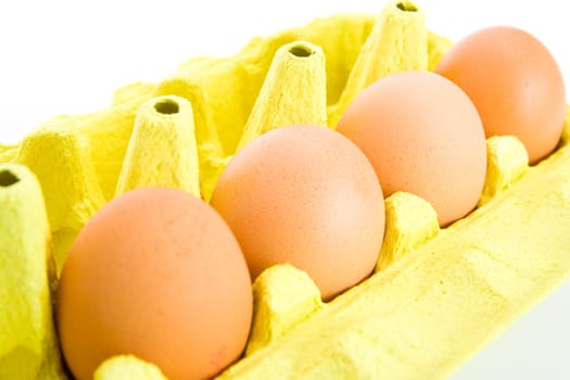 Carton of few eggs in a cardboard box. Isolated on white background.