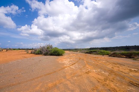 flat hato plateau curacao with a dark cloudy sky and  red brown earth visable 
