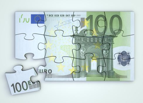 100 Euro note as a puzzle - one piece seperately - top view