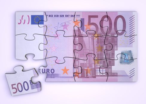 500 Euro note as a puzzle - one piece seperately - top view