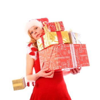 miss santa is carrying too many gift boxes - the golden top box is falling down