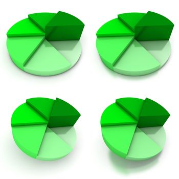 coloured pie chart - six shades of green  - four views