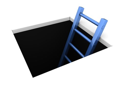 a rectangle hole in the white ground - metallic blue ladder to climb out