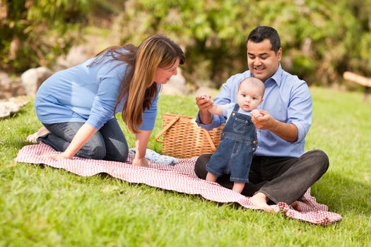 Happy Mixed Race Family Having a Picnic and Playing In The Park.