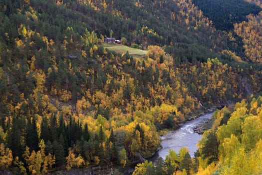 Mountain house in forest near river Norway