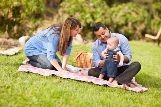 Happy Mixed Race Family Having a Picnic and Playing In The Park.