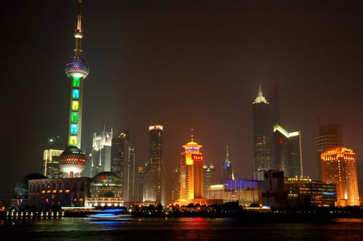 SHANGHAI - AUG 14: The panorama of Shanghai Pudong district at night, view from the Bund. August 14, 2007, in ShangHai, China