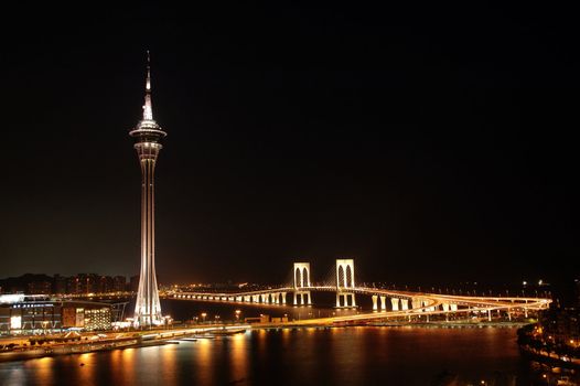 The night view of Macau Tower Convention and Sai Van bridge