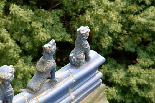 The close view of figurines on top of roof, Chinese architecture