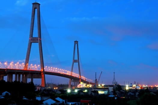 The panorama of Xu Pu bridge at night in Shanghai, China