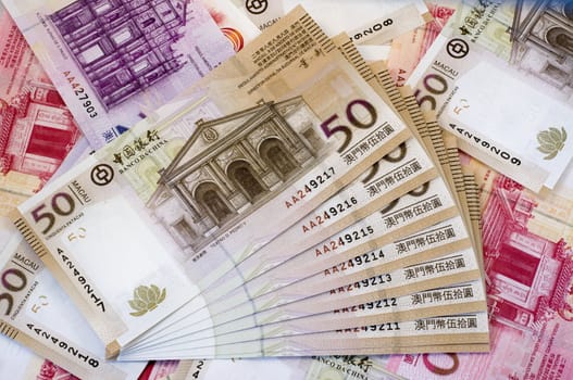 The stack of Macau Patacas (notes) and background 