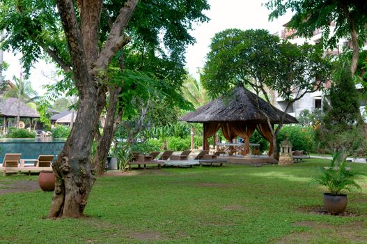 The garden of tropical resort with hut