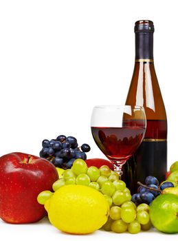 Still life with a bottle of wine, fruit and a glass isolated on white background