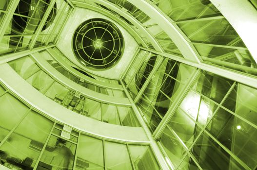 View from below of interior futuristic glass building
