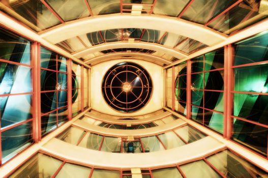 View from below of interior futuristic glass building