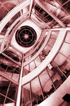 View from below of interior futuristic glass building