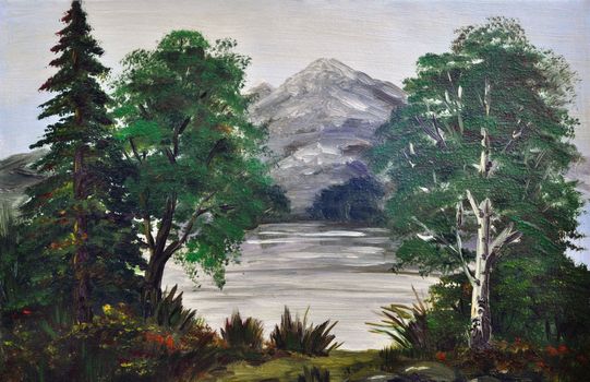 Trees on the bank of mountain lake, picture an oil paint on a canvas