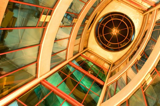 View from below of interior futuristic glass building