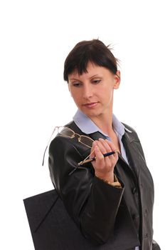 businesswoman with dokuments isolated on white background