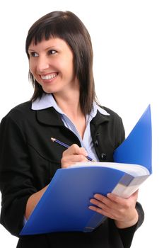 businesswoman with dokuments isolated on white background