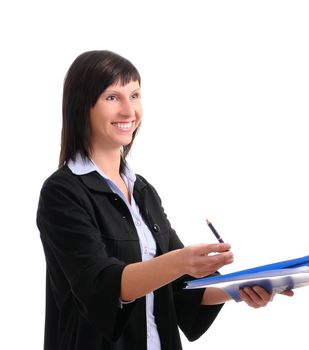 businesswoman with dokuments isolated on white background