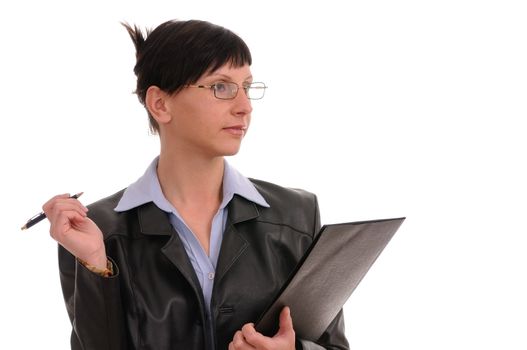 businesswoman with dokuments isolated on white background