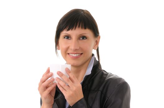 woman with cup isolated on white background