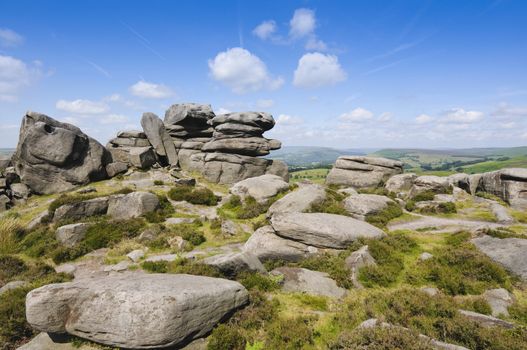 View from Over Owler Tor on Hathersage Moor in Peak District National Park Derbyshire England