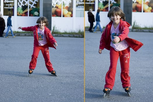 Collage from two photos of the girl going for a drive on rollers