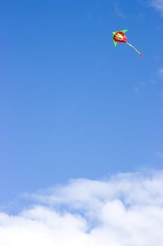 Kite soaring in the blue sky in the form of a lion