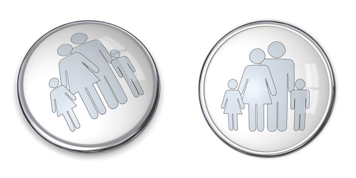 3D button with silver gray family with kids pictogram