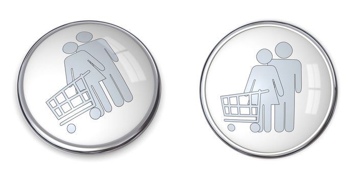 3D button couple with shopping cart/trolley - pink and blue on white background