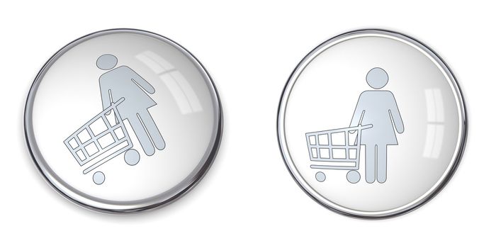 3D button woman with shopping cart/trolley - silver grey/gray