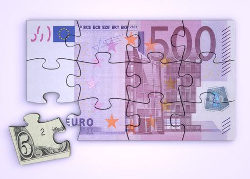 500 Euro note as a puzzle - one piece seperately - extra dollar piece