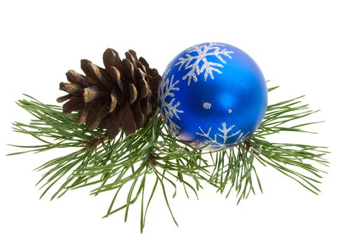 close-up christmas ball and pine cone, isolated on white