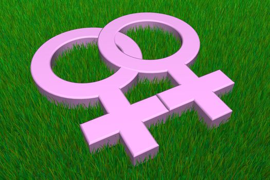 two pink female/lesbian symbols on a grass ground