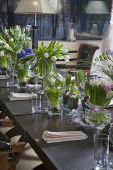 decoration of dining table. bouquet of hyacinth in vase of glass.