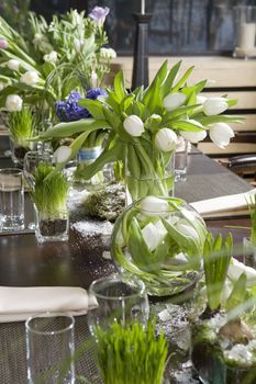 decoration of dining table.  bouquet of  hyacinth in vase of glass.