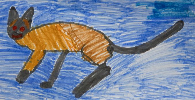 child`s picture. Cat on blue background