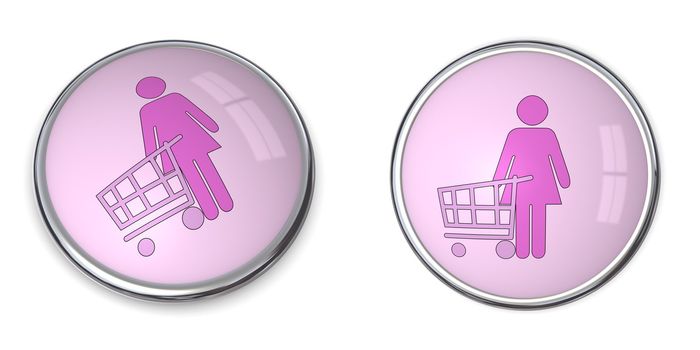 3D button woman with shopping cart/trolley - pink on pink background