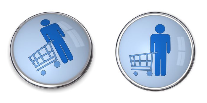 3D button man with shopping cart/trolley - blue on blue background