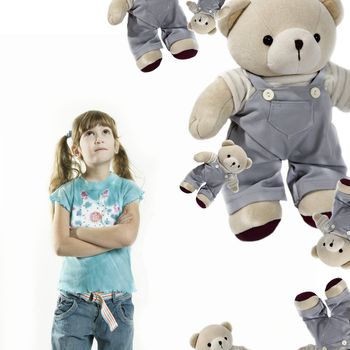Collage. Little cute girl with falling bears