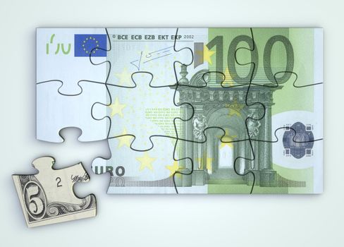 100 Euro note as a puzzle - one piece seperately - extra dollar piece