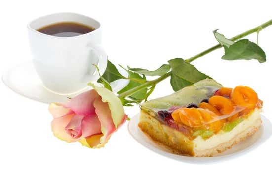 close-up peace of cake and cup of coffee, isolated on white