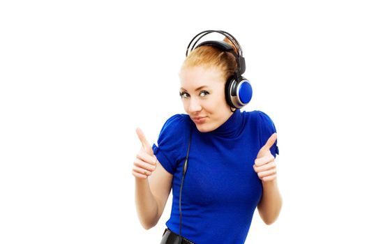 Redhead woman with headphones over white