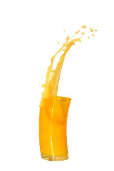 Nice yellow glass of splashing orange juice isolated on white background 