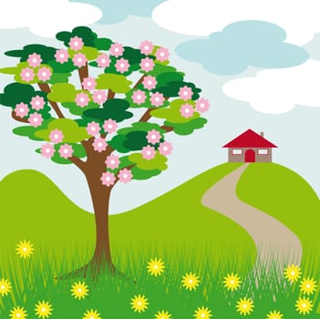 pink blossom tree hill and house with clouds and grass