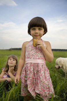 little cute girl with cracker standing in the middle meadow