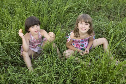 two girls sitting in the grass. Summer time. Friendship.