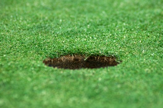 green short cutted grass, brown golf hole